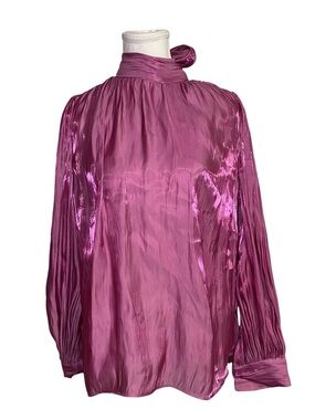 Aveloria Metallic Magenta Pleated
Long Sleeve Bow Neck Blouse